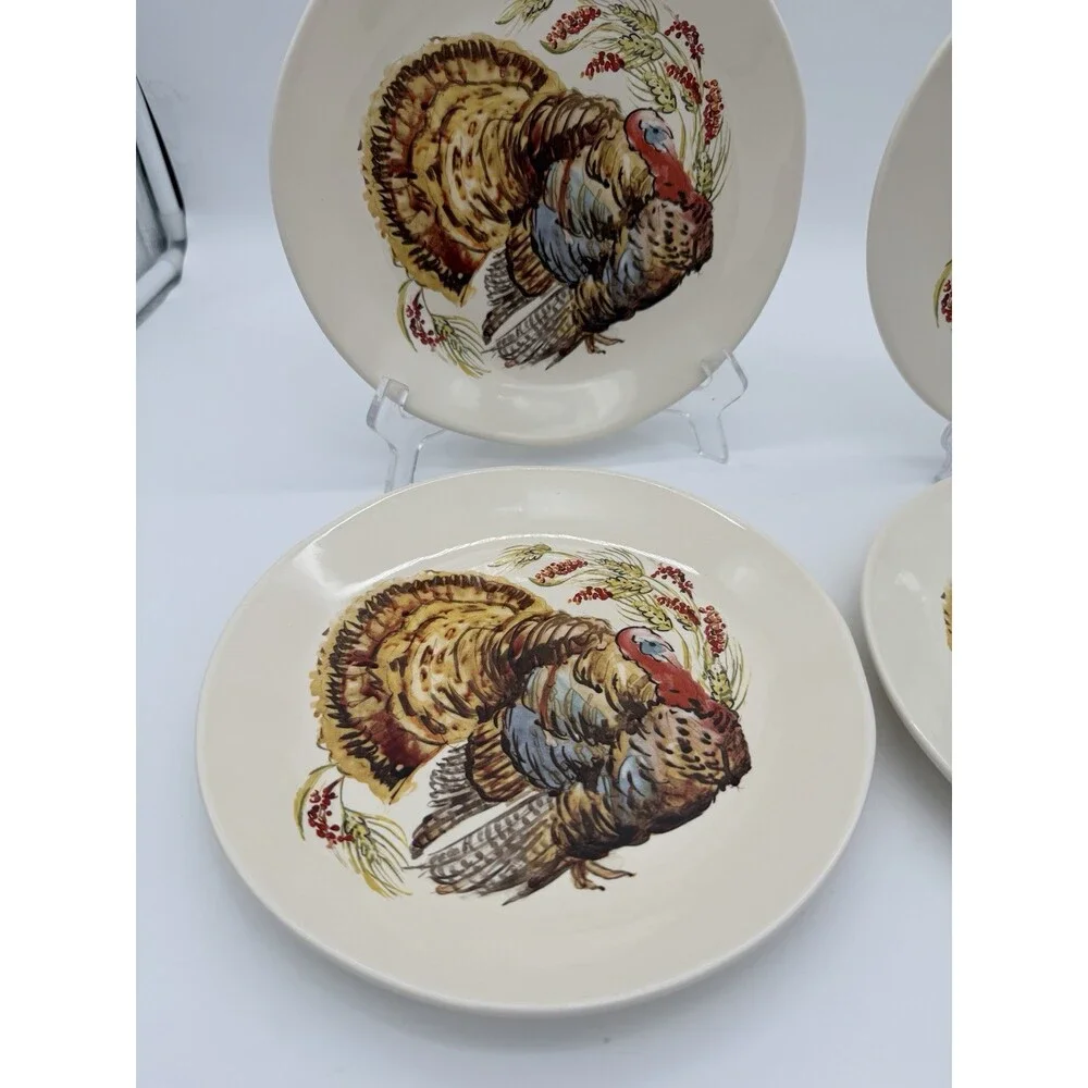 Pottery Barn Watercolor Turkey Salad Dessert Plates Set Of 4 Thanksgiving 8”